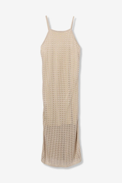 Abito Menippe donna beige – dettaglio spalline sottili e scollo rotondo
