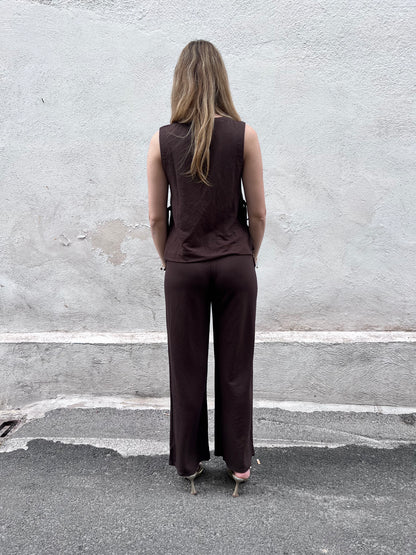 Coordinato donna Bresha cioccolato – pantalone palazzo con elastico sul retro e cordino decorativo sul davanti, Frarò Shop
