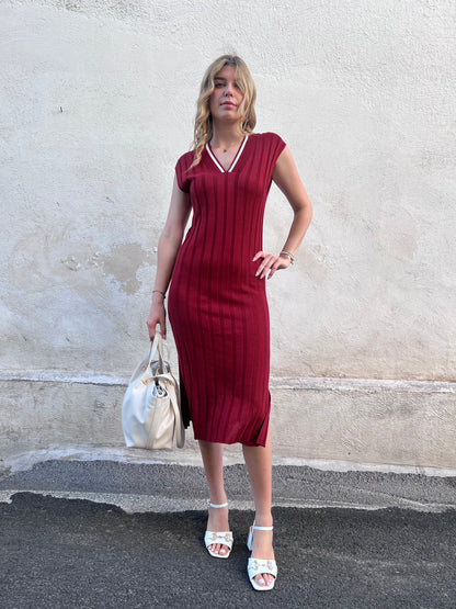 Abito Aleta maxi donna in viscosa – colore Amarena, vestito lungo estivo con scollo a V | Frarò
