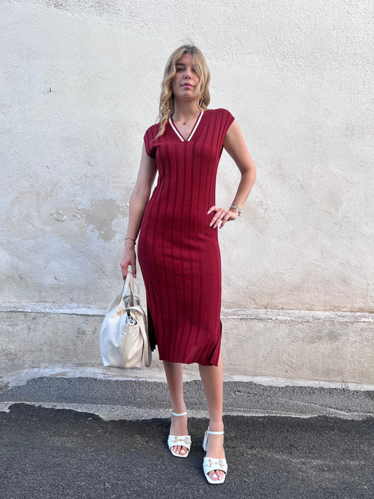 Abito Aleta maxi donna in viscosa – colore Amarena, vestito lungo estivo con scollo a V | Frarò

