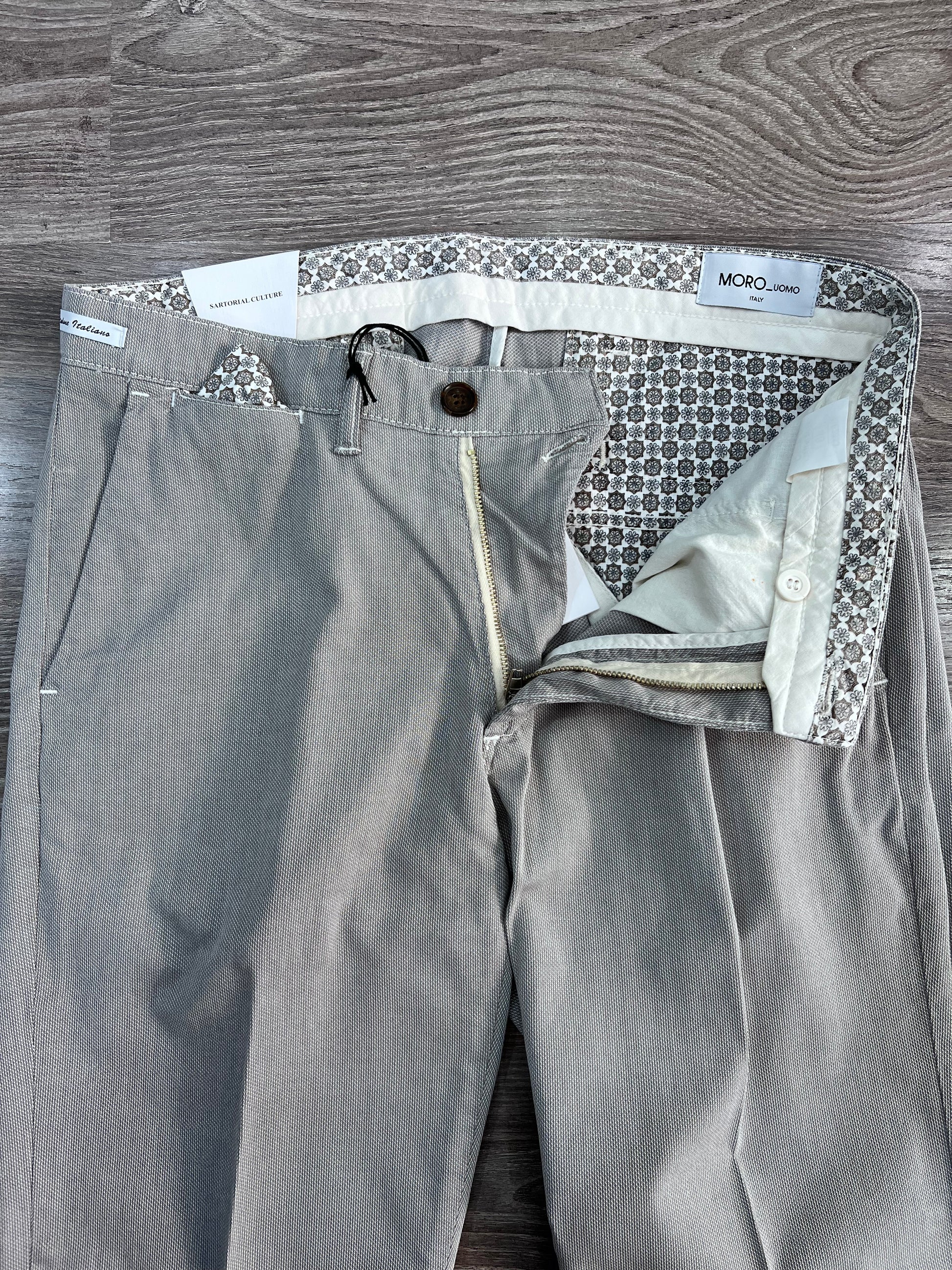 Pantalone uomo tinto in filo perla – dettaglio abbottonatura, interno , e manifattura – Frarò