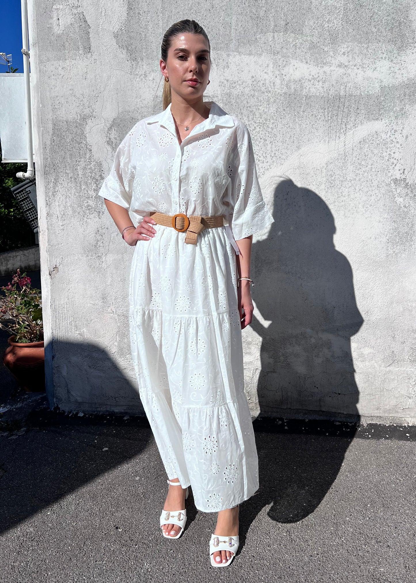 Coordinato estivo donna in pizzo san gallo bianco – set camicia e gonna lunga taglia unica
