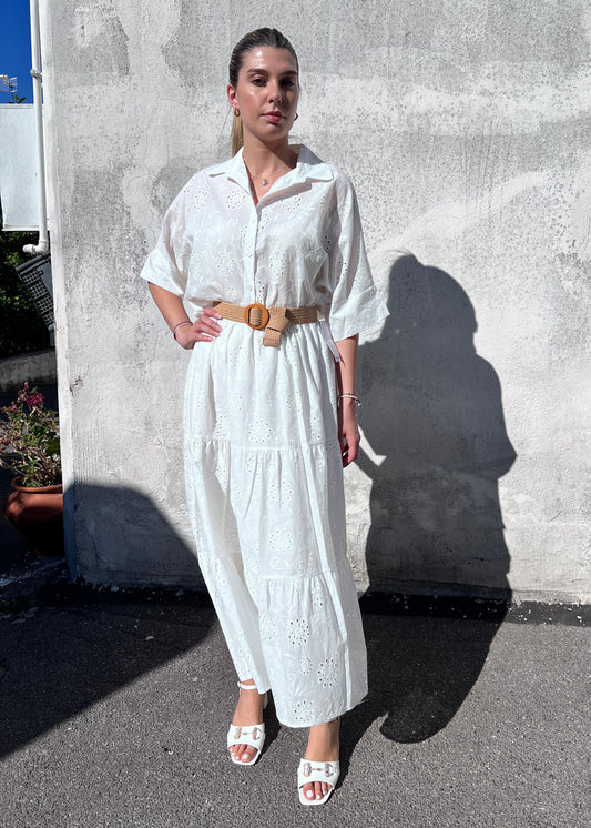 Completo donna in pizzo san gallo bianco – set camicia e gonna lunga taglia unica