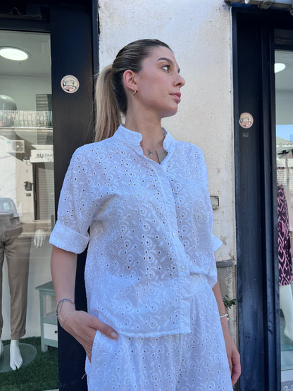 Coord set in pizzo san gallò donna colore bianco – dettaglio camicia manica 3/4 , Made in Italy
