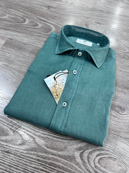 Camicia uomo in puro lino  modello Katerina colore verde – collo alla francese, vestibilità regular, 100% lino
