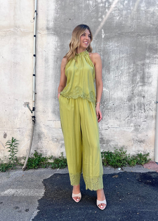 Completo donna Fly Out color lime - top giromanica e pantalone palazzo con pizzo - Frarò
