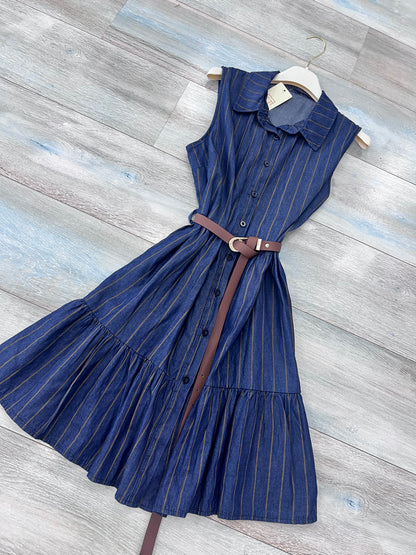 Abito donna in cotone a righe verticali camel su fondo bluette effetto denim - vista frontale e commerce - Frarò