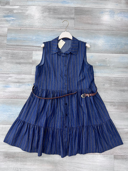Abito donna in cotone a righe verticali camel su fondo bluette effetto denim - vista frontale e commerce - dettaglio abito aperto, senza cintura - Frarò