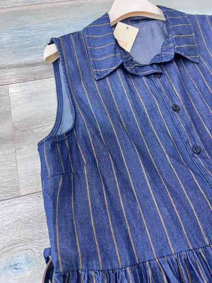 Abito donna in cotone a righe verticali camel su fondo bluette effetto denim - dettaglio tessuto, collo e bottoni - Frarò