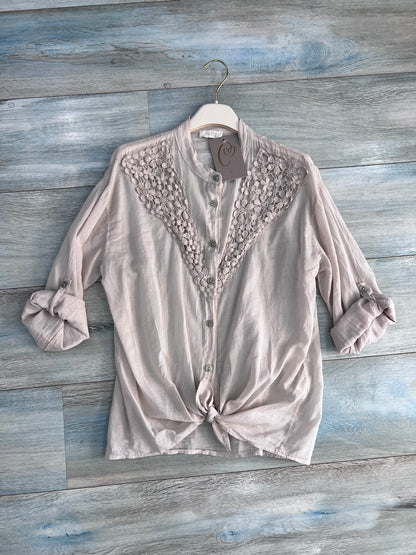 Camicia donna collo coreano manica 3/4 colore burro in cotone leggero Made in Italy – Frarò
