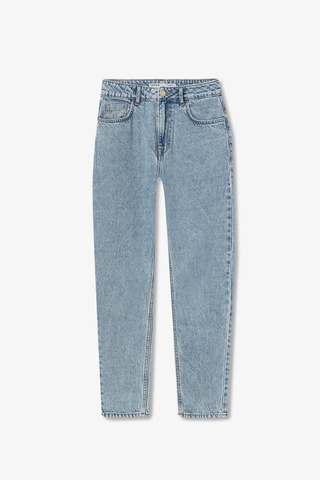 "Jeans Mom 126 - Pantaloni donna a vita alta in cotone 100% - Vestibilità mom fit - Vista frontale - Frarò"