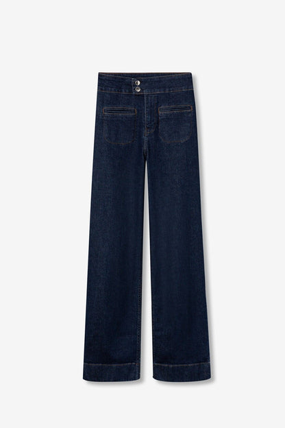 Jeans Olivia blu scuro vita alta dettaglio prodotto, vestibilità comfort fit gamba dritta su sfondo neutro
