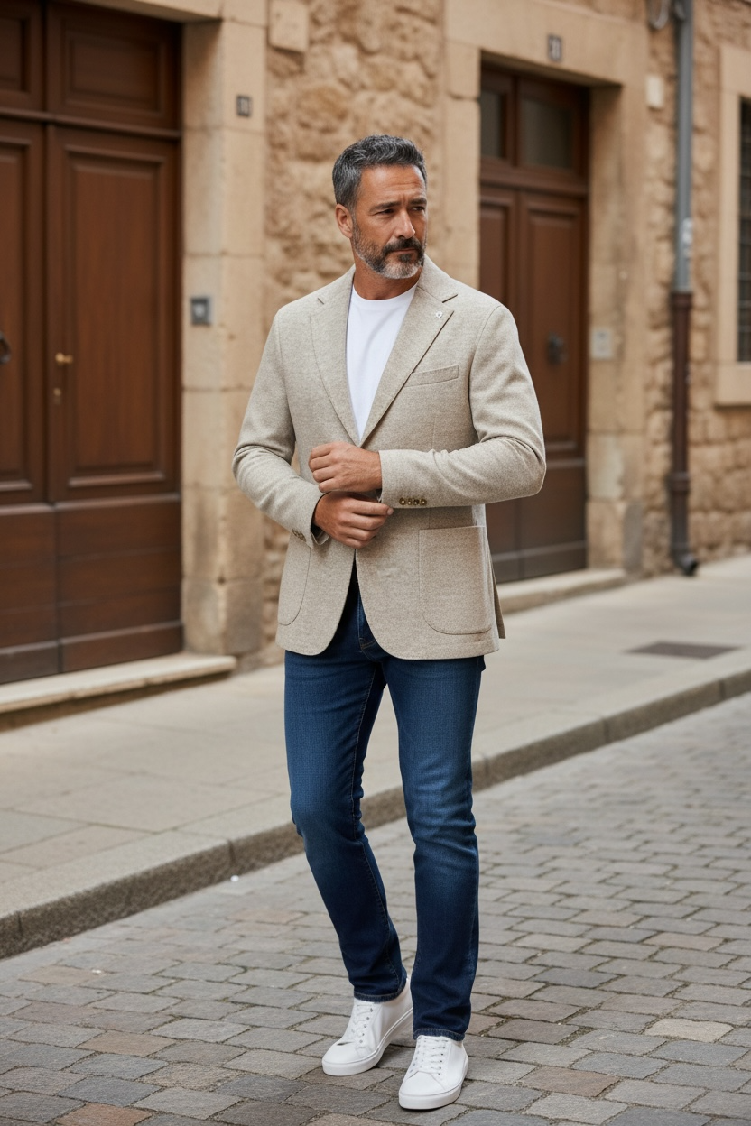 Giacca Uomo in Maglia Beige con Tasche a Toppa - Made in Italy