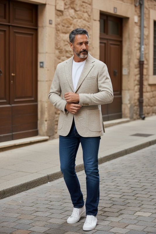 Giacca Uomo in Maglia Beige con Tasche a Toppa - Made in Italy