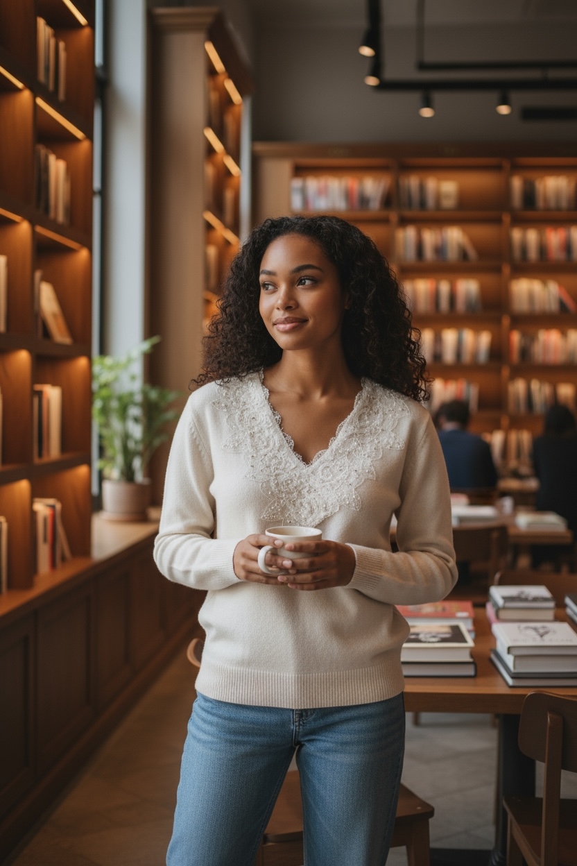 Maglione Donna Scollo a V con Pizzo - Manica Lunga Invernale 5 Colori