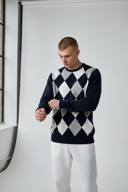 Maglione Uomo Girocollo a Scacchi Lana Cachemire Made in Italy