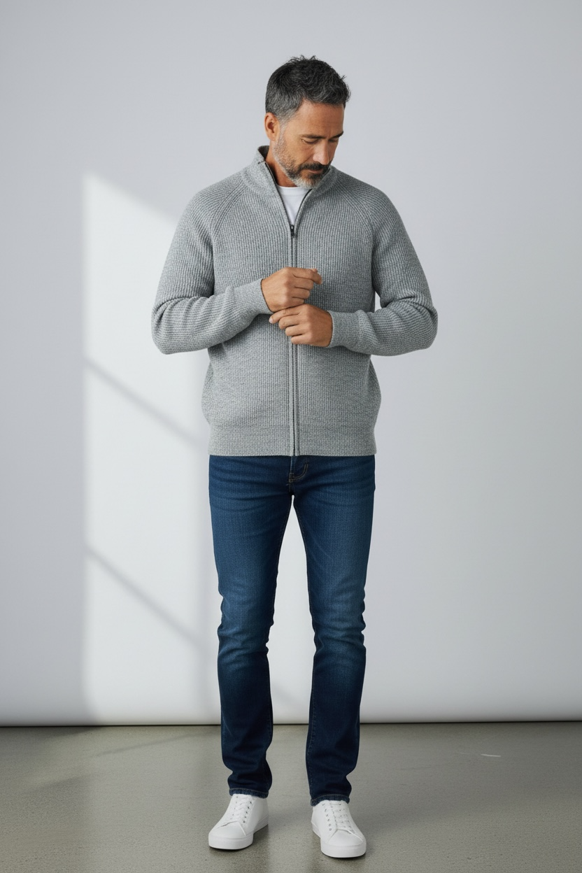 Cardigan uomo invernale lana Made in Italy - dettaglio lavorazione a coste
