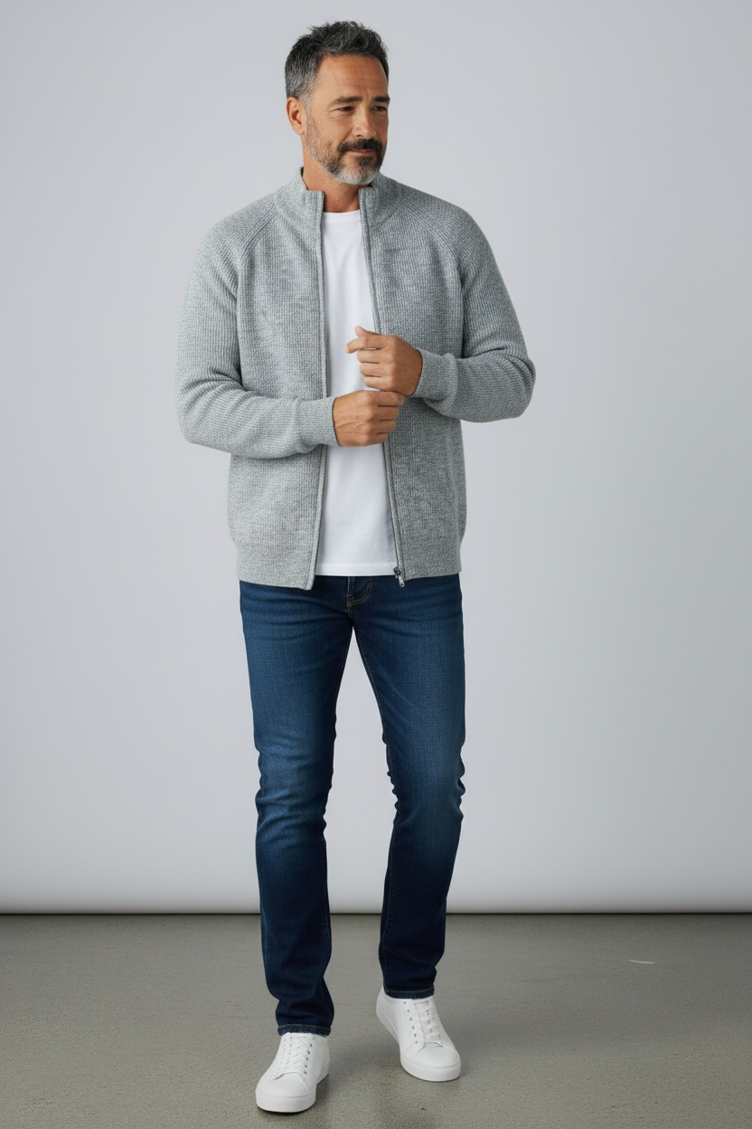Cardigan lana uomo grigio  - vista laterale modello indossato
