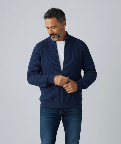Cardigan uomo lana  blu con zip Made in Italy - vista frontale

