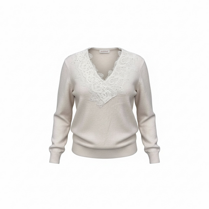 Maglione Donna Scollo a V con Pizzo - Manica Lunga Invernale 5 Colori