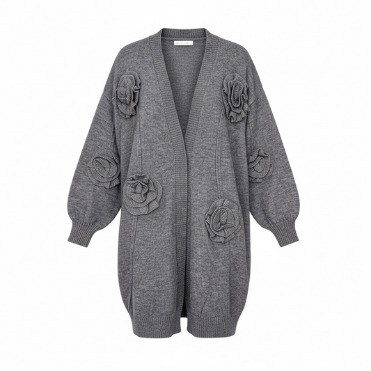 Cardigan lungo donna invernale con fiori a rilievo - Colore grigio - Taglia unica - Frarò
