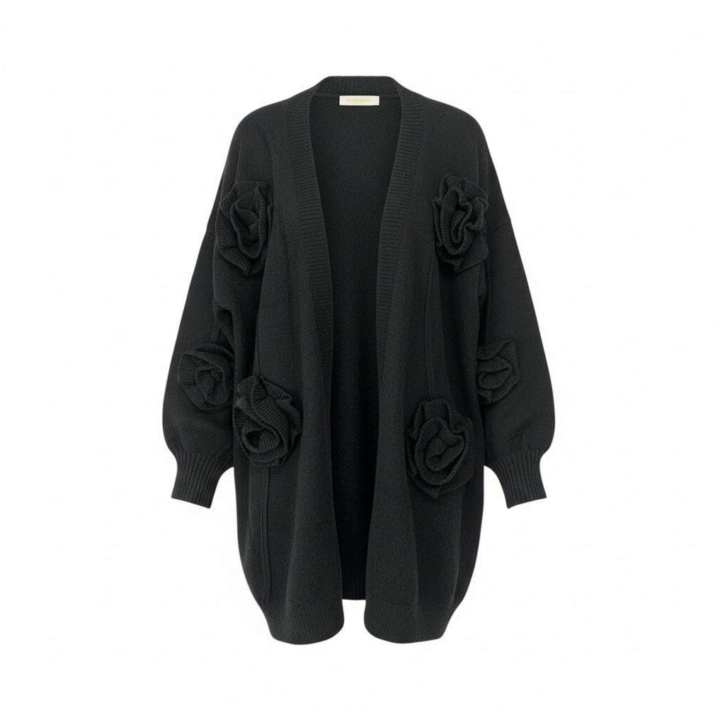 Cardigan lungo donna con fiori 3D - Colore nero - Taglia unica - Frarò
