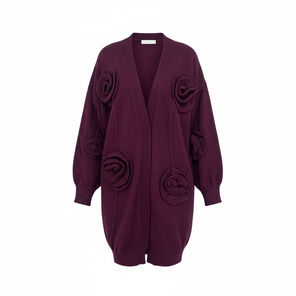 Cardigan lungo donna elegante con fiori a rilievo - Colore bordeaux/rosso - Taglia unica - Frarò
