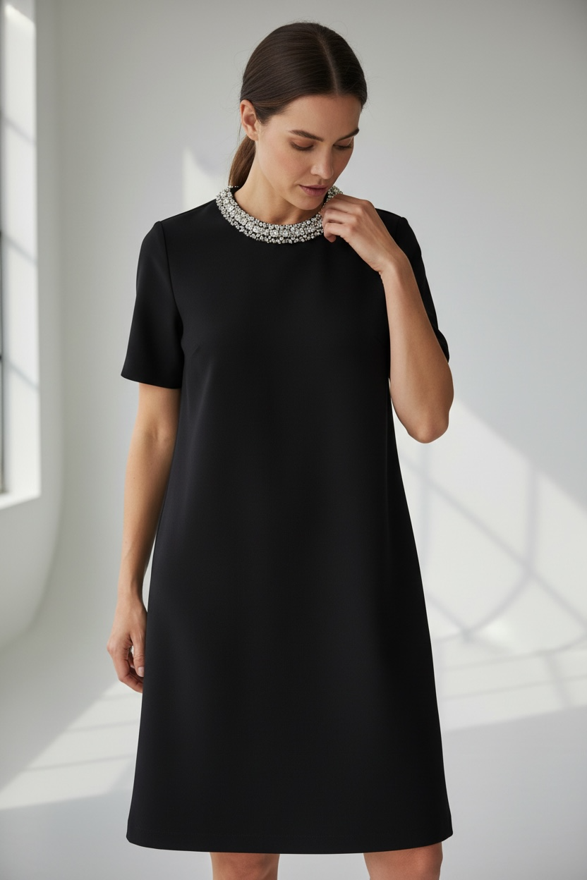 Abito Donna Elegante in Lanetta con Collo Brillantini - Panna e Nero - Taglia Unica