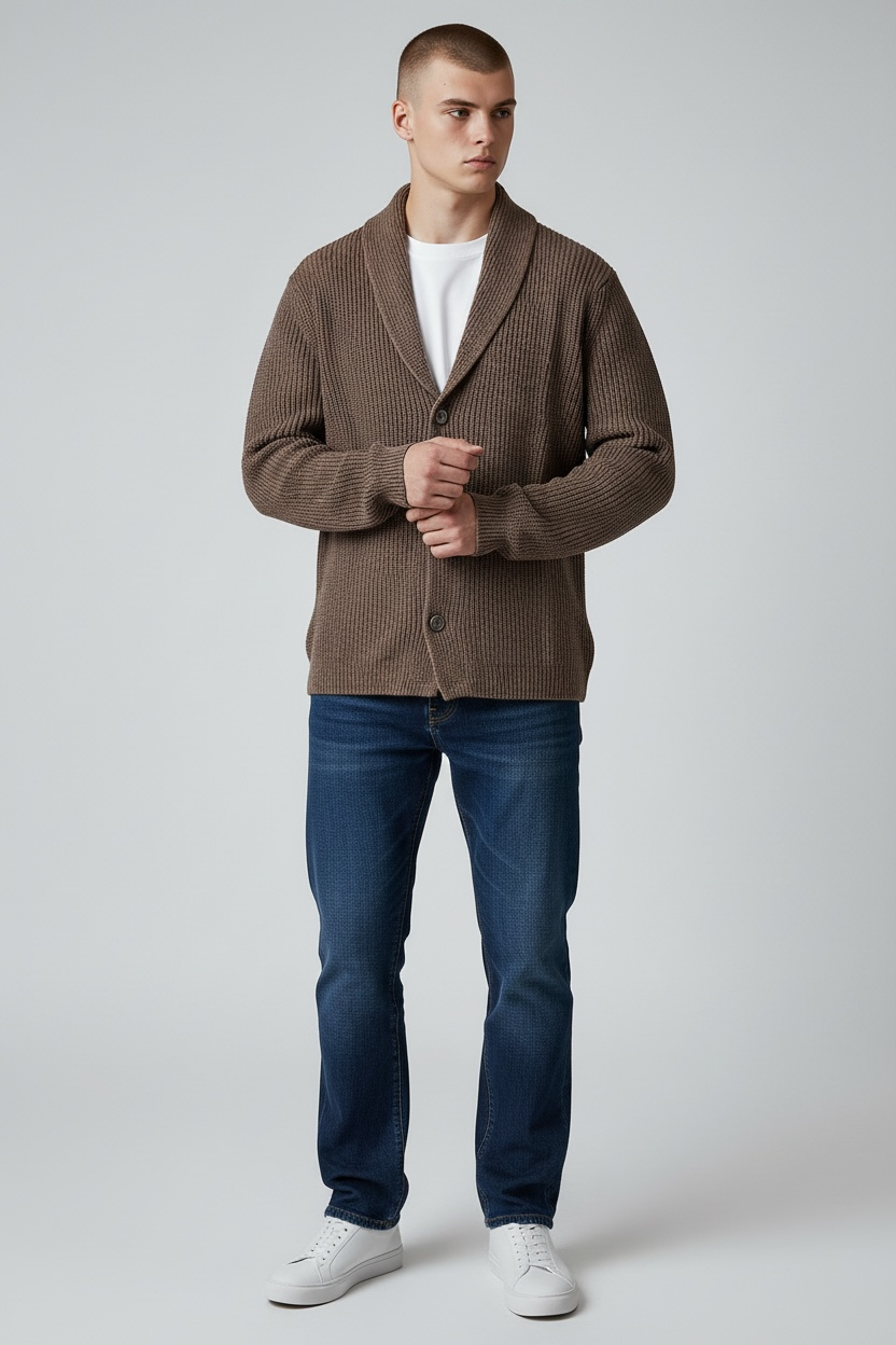 Cardigan brown uomo indossato - stile casual elegante Made in Italy