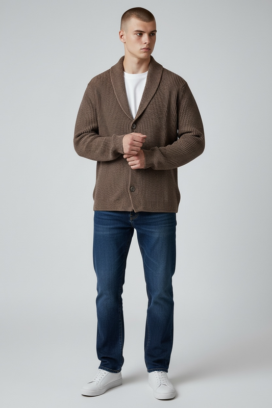 Cardigan brown uomo indossato - stile casual elegante Made in Italy