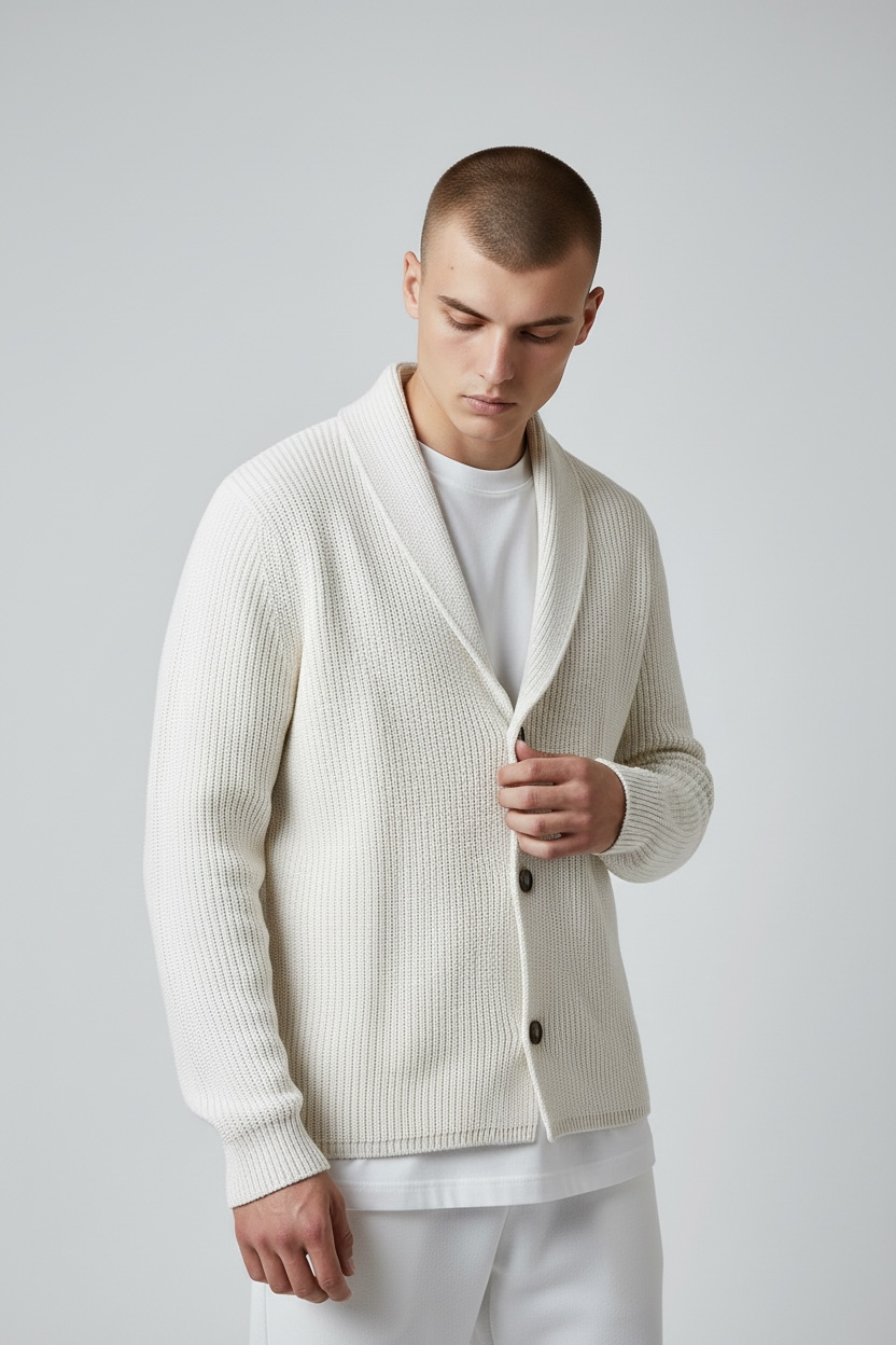 Cardigan panna uomo indossato - stile casual elegante Made in Italy