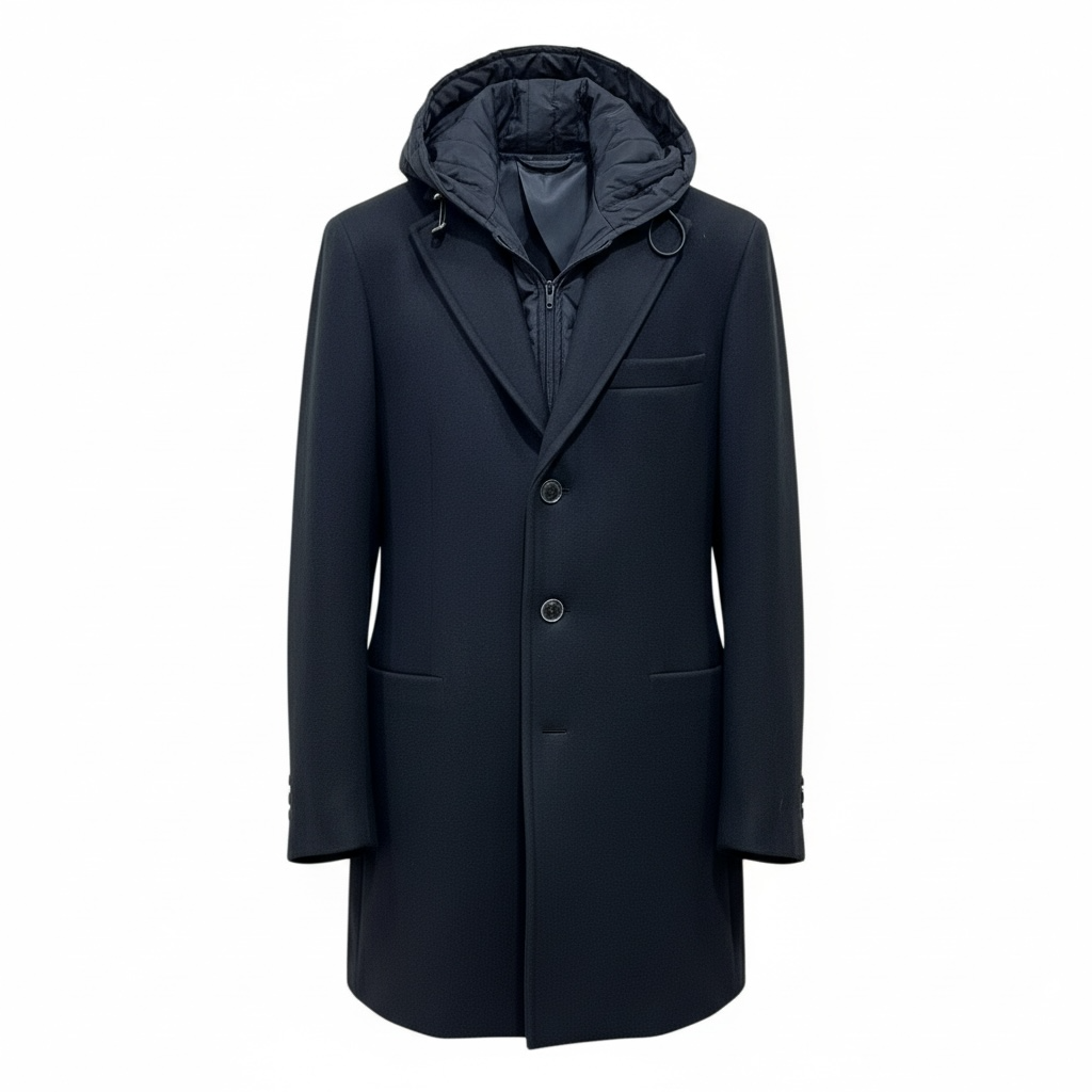 Cappotto uomo baronetto nero con cappuccio rimovibile Made in Italy - vista frontale

