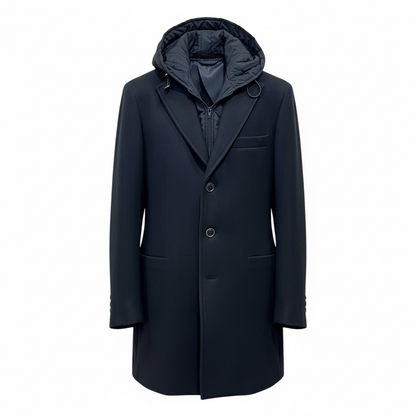 Cappotto uomo baronetto nero con cappuccio rimovibile Made in Italy - vista frontale

