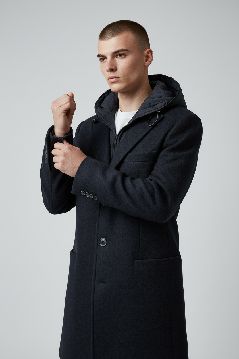 Dettaglio cappotto uomo nero baronetto - qualità artigianale Made in Italy