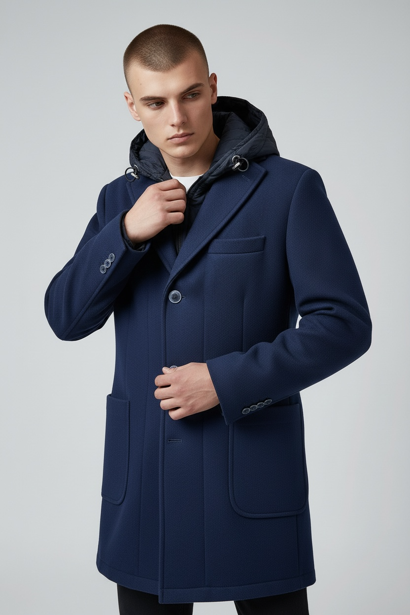 Cappotto invernale blu con cappuccio - modello baronetto premium