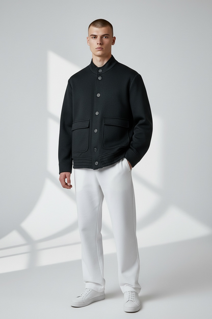 Giubbotto maglia uomo elegante - in nero - indossato vista frontale completa
