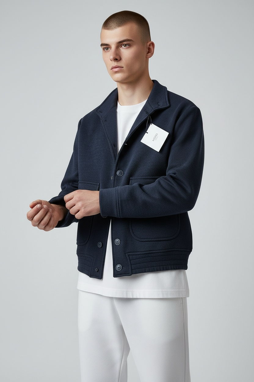 Giubbotto in maglia da uomo blu Made in Italy - vista laterale con tasche
