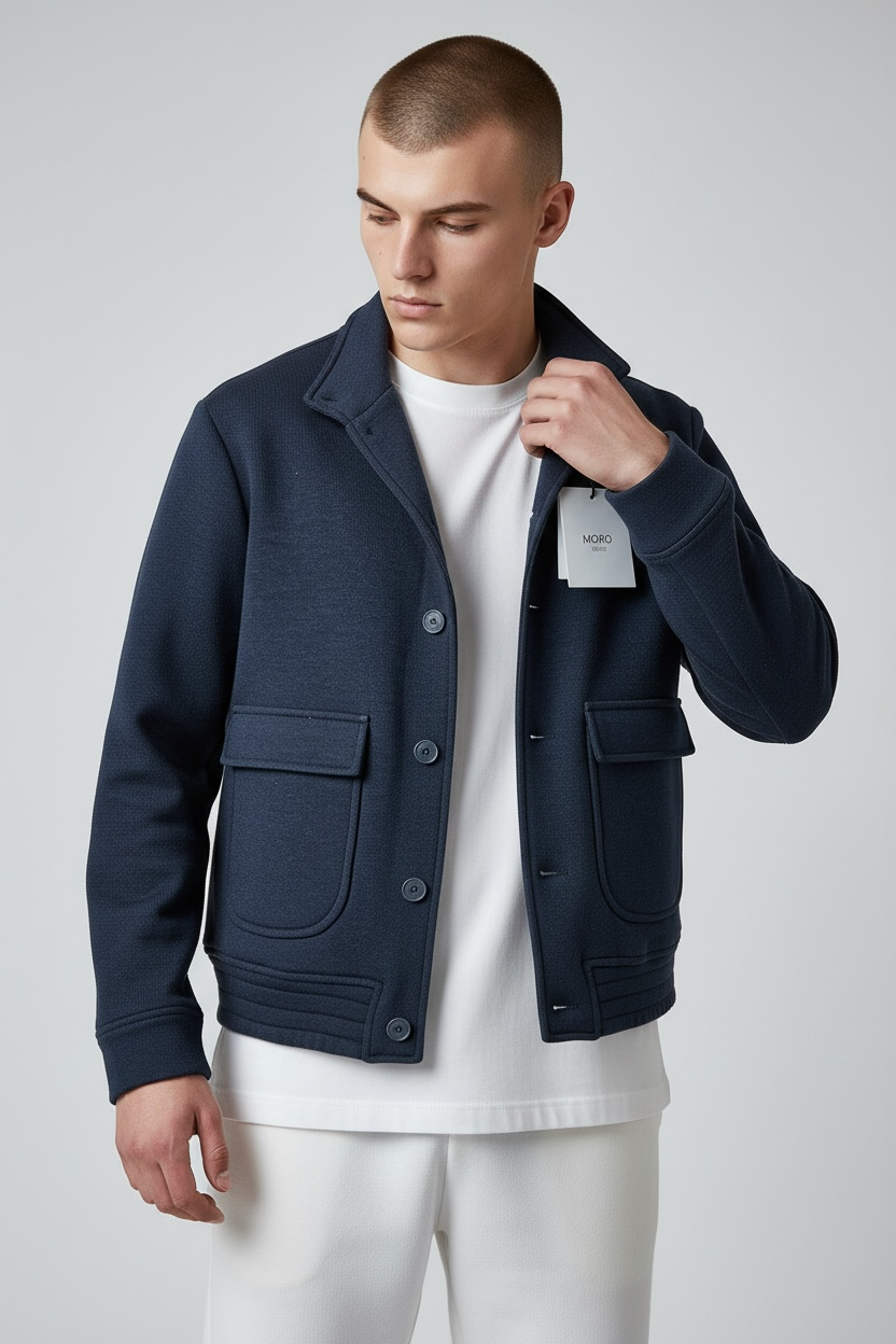 Giubbotto cardigan uomo in maglia blu e nero Made in Italy - vista frontale
