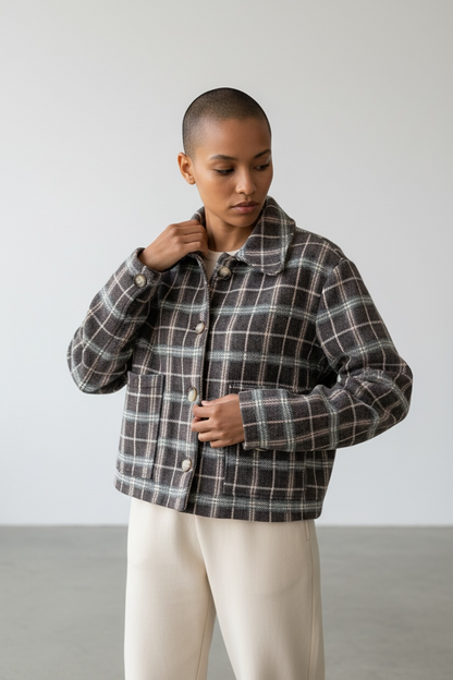 Giacca tweed a quadri imbottita donna vestibilità over Made in Italy
