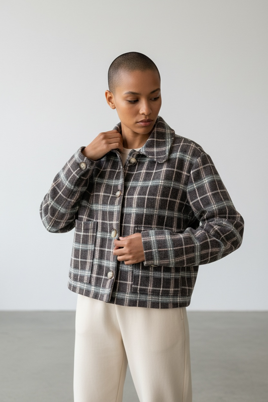 Giacca tweed a quadri imbottita donna vestibilità over Made in Italy
