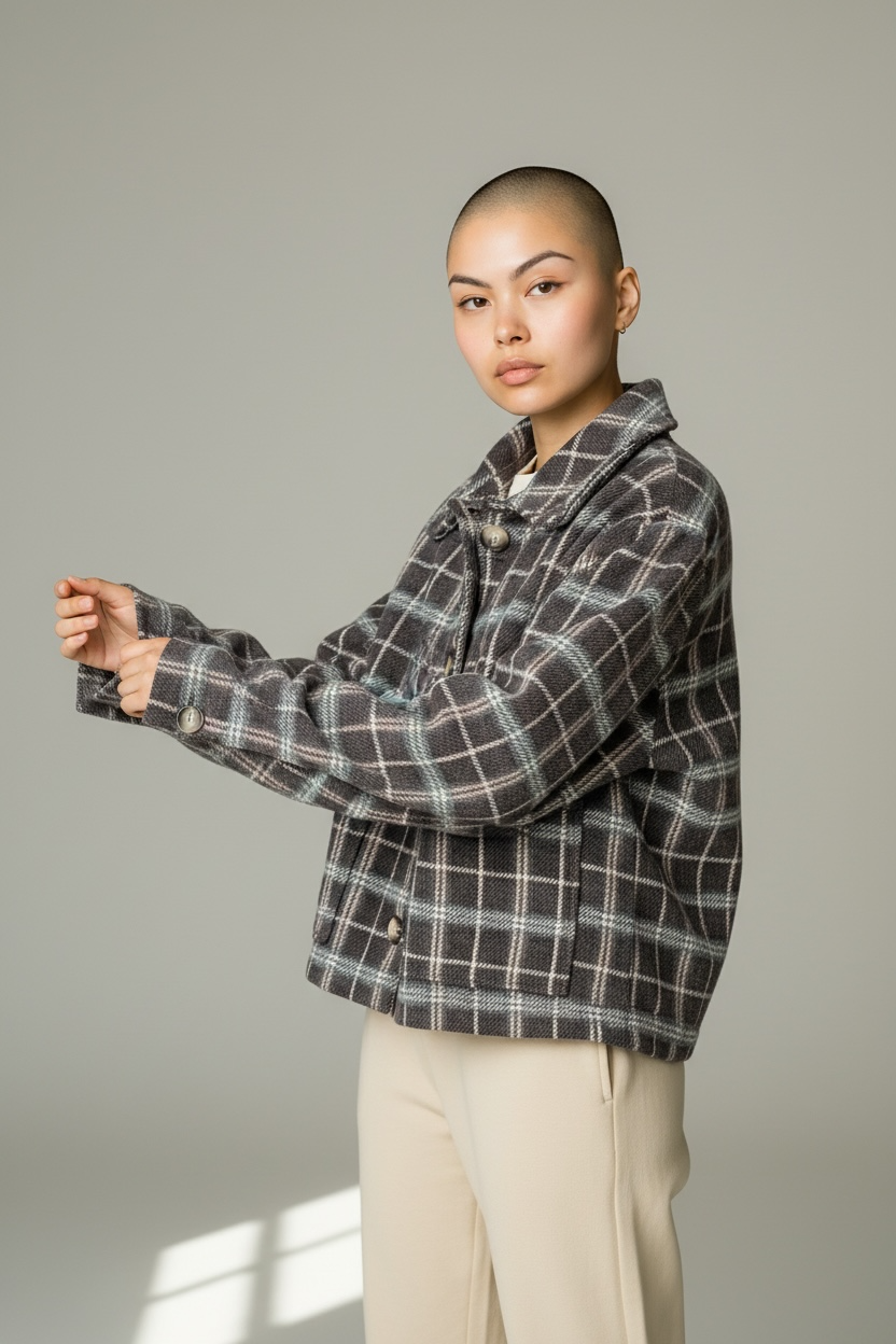 Dettaglio tasche funzionali giacca tweed a quadri Made in Italy
