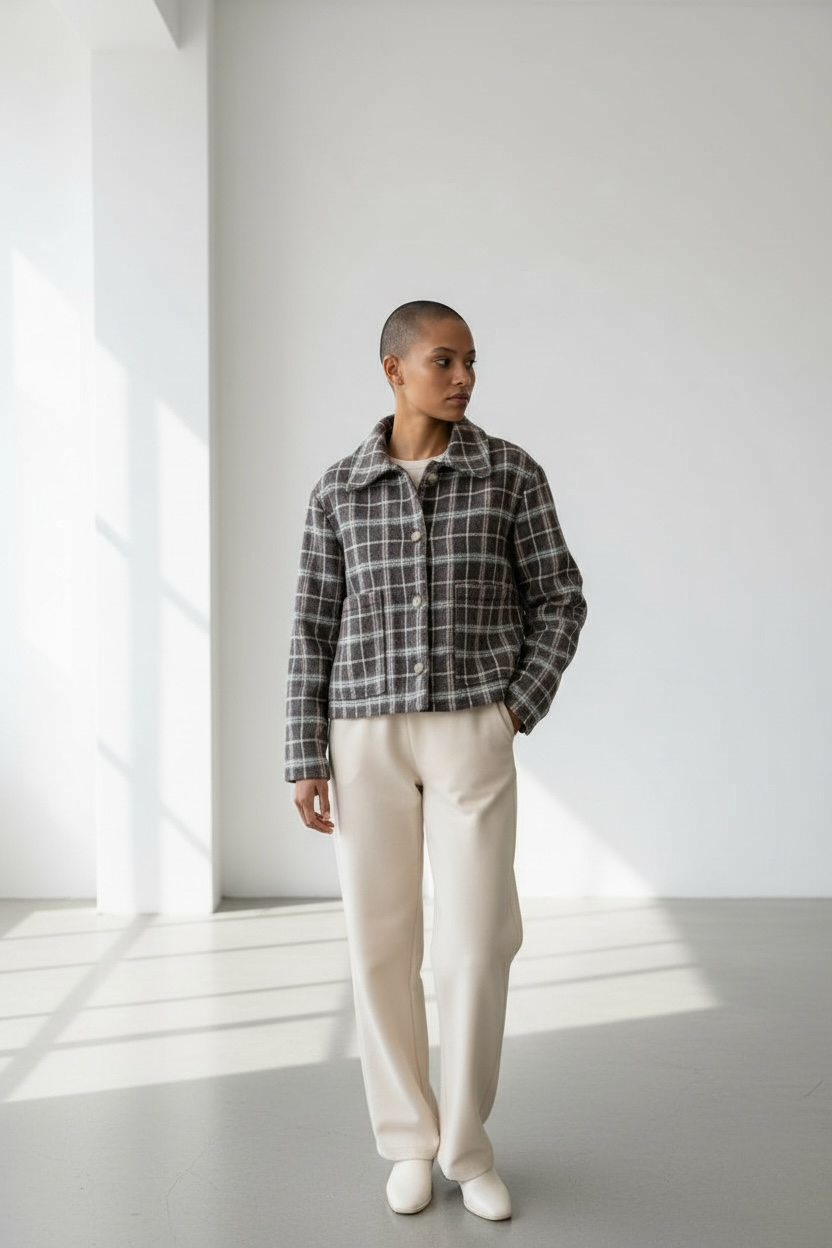 Giacca tweed quadri imbottita indossata look casual elegante donna
