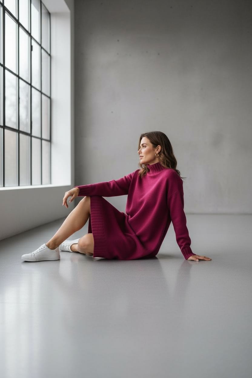 Vista laterale abito midi lanetta vestibilità over mezzo collo donna
