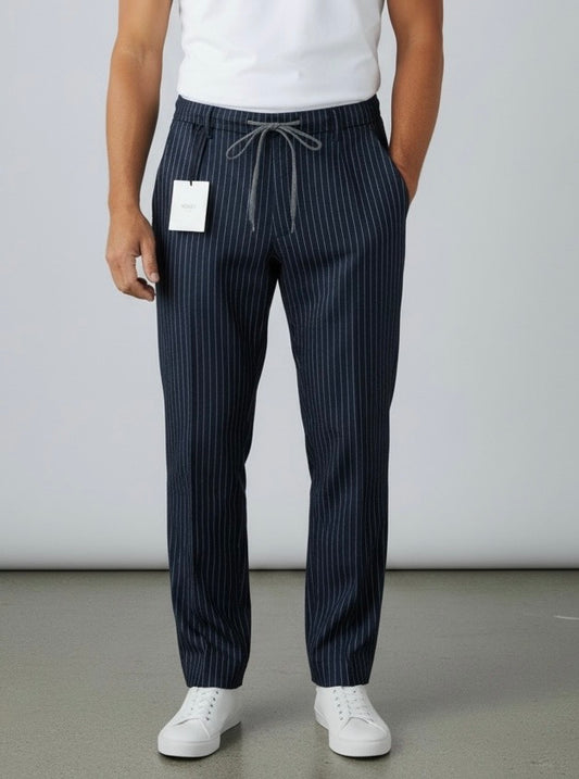 Pantalone sartoriale uomo mono lana gessato blu grigio - vista frontale completa indossato