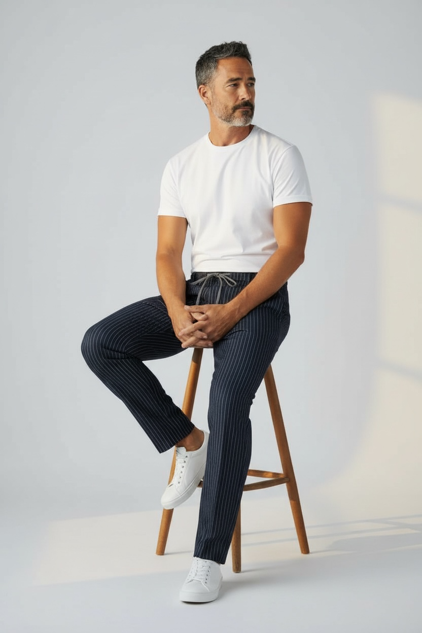 "Pantalone sartoriale Made in Italy gessato - vista frontale indossato con dettaglio pattern blu grigio"