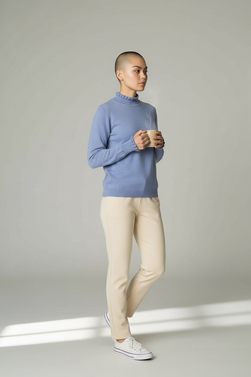 "Modella indossa maglia lurex mezzo collo - dettaglio vestibilità slim fit"