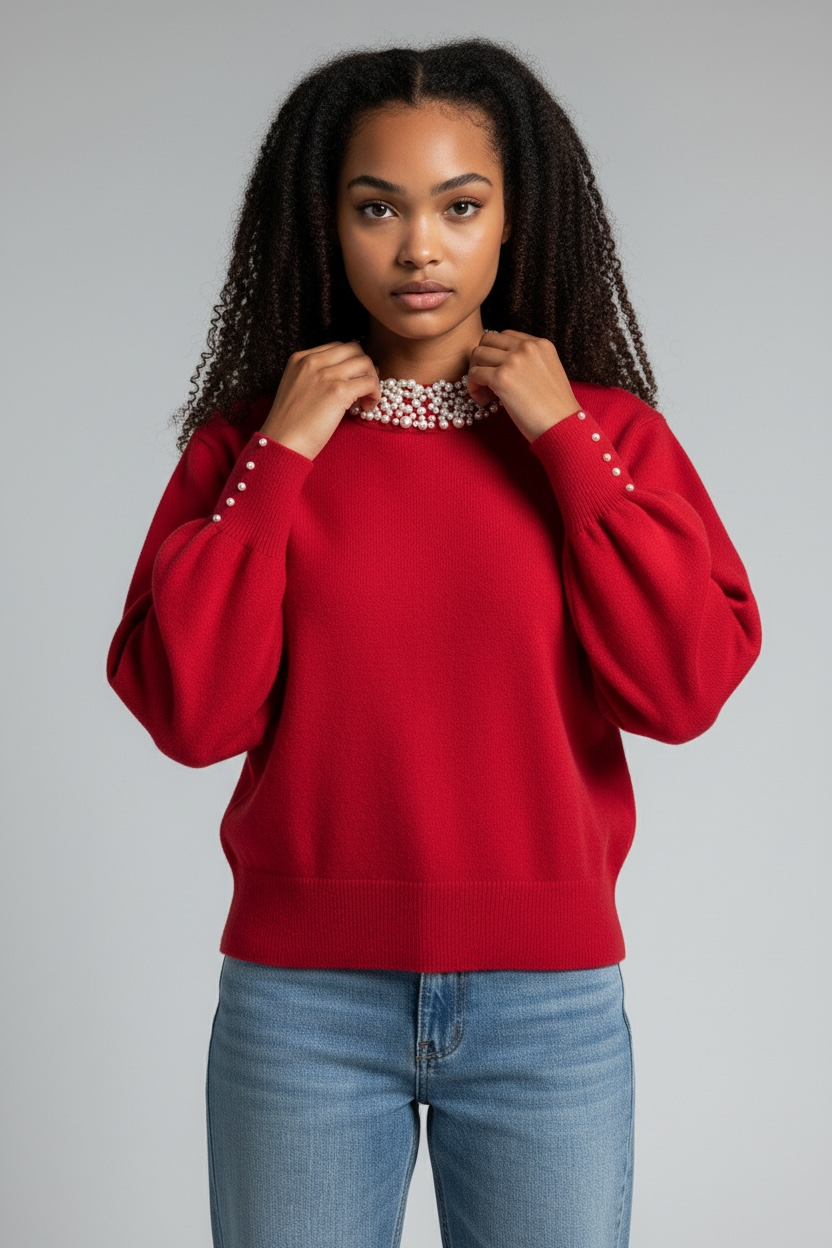  Maglia donna mezzo collo con perle decorative - vista frontale