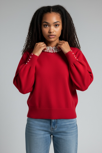  Maglia donna mezzo collo con perle decorative - vista frontale