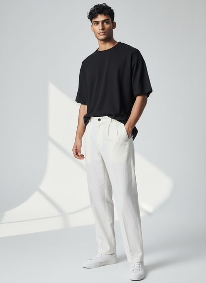 Pantalone sartoriale uomo con pince ME82 Frarò – Vista laterale, colore Bianco, tessuto Tencel e Lino
