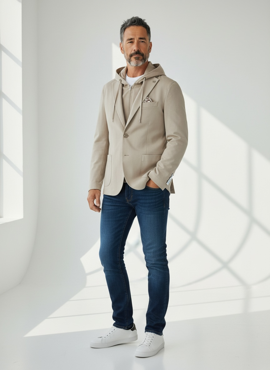 Look Uomo Elegante con Giacca Uomo MEG Punto Milano Cappuccio Rimovibile Beige Made in Italy Frarò